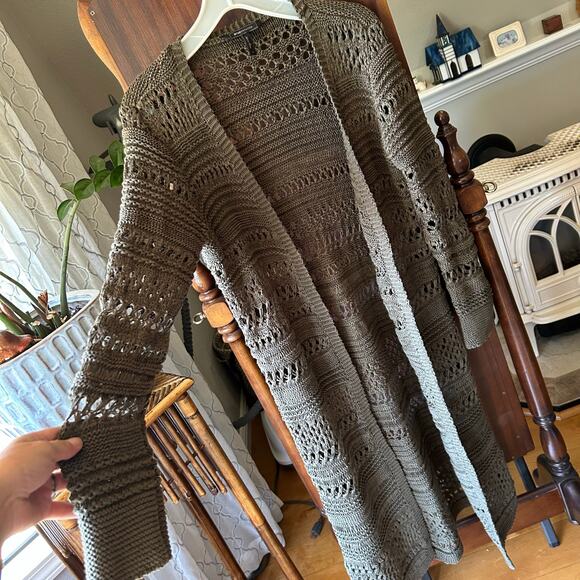 Bcbgmaxazria Women Open Stitch Duster Cardigan Dark Olive size Small - Picture 6 of 11
